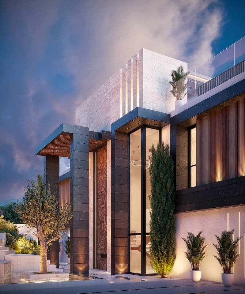 Fachada de villa moderna construida por Sirius Construcciones